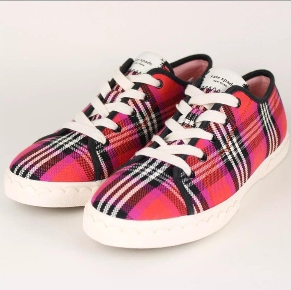 Kate Spade Vale Women’s Pink/Red/Black Plaid Canvas Sneakers NEW  Size 8.5